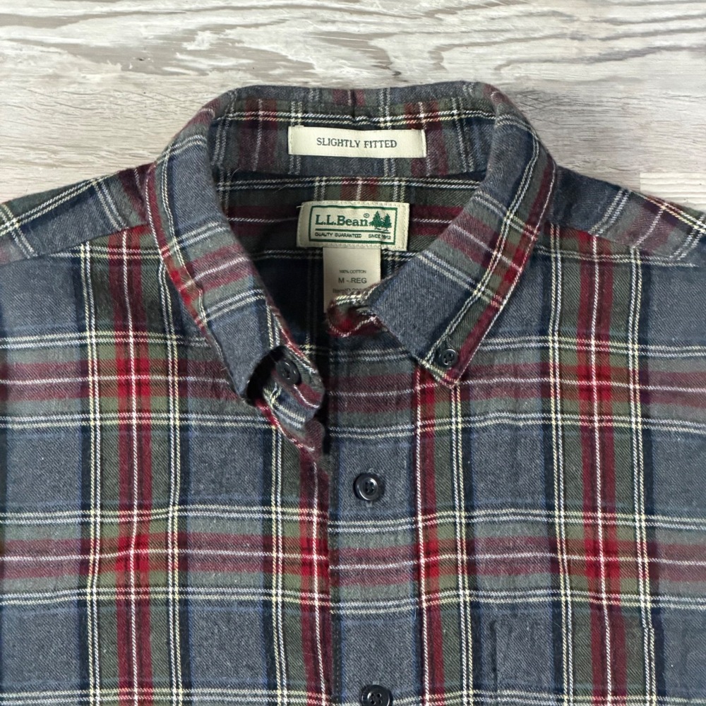 LL Bean Mens Slightly Fitted Plaid Flannel Shirt Grey Red Green M-REG Hiking